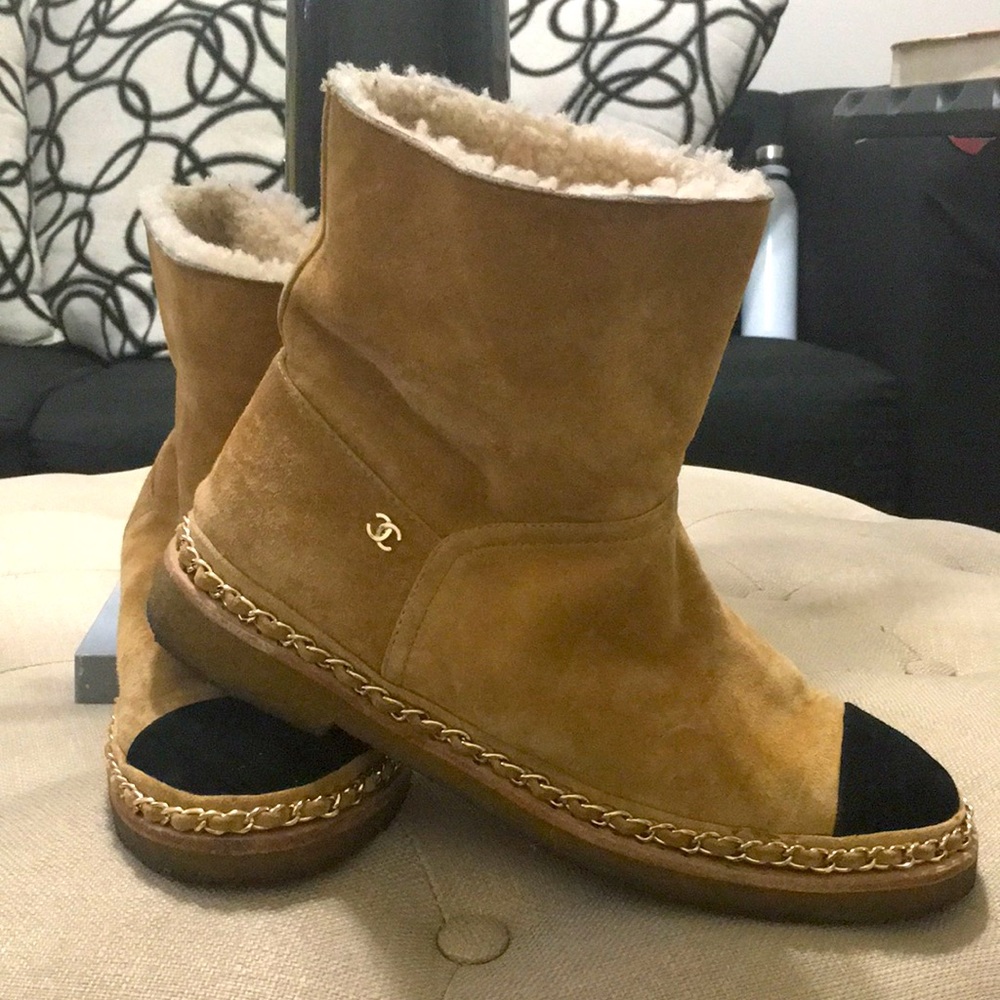 Black and Tan authentic Channel ankle booties